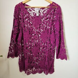 EUC LIKE NEW LE MODA APPLIQUE LACE BOATNECK CROCHET TOP SIZE LARGE
